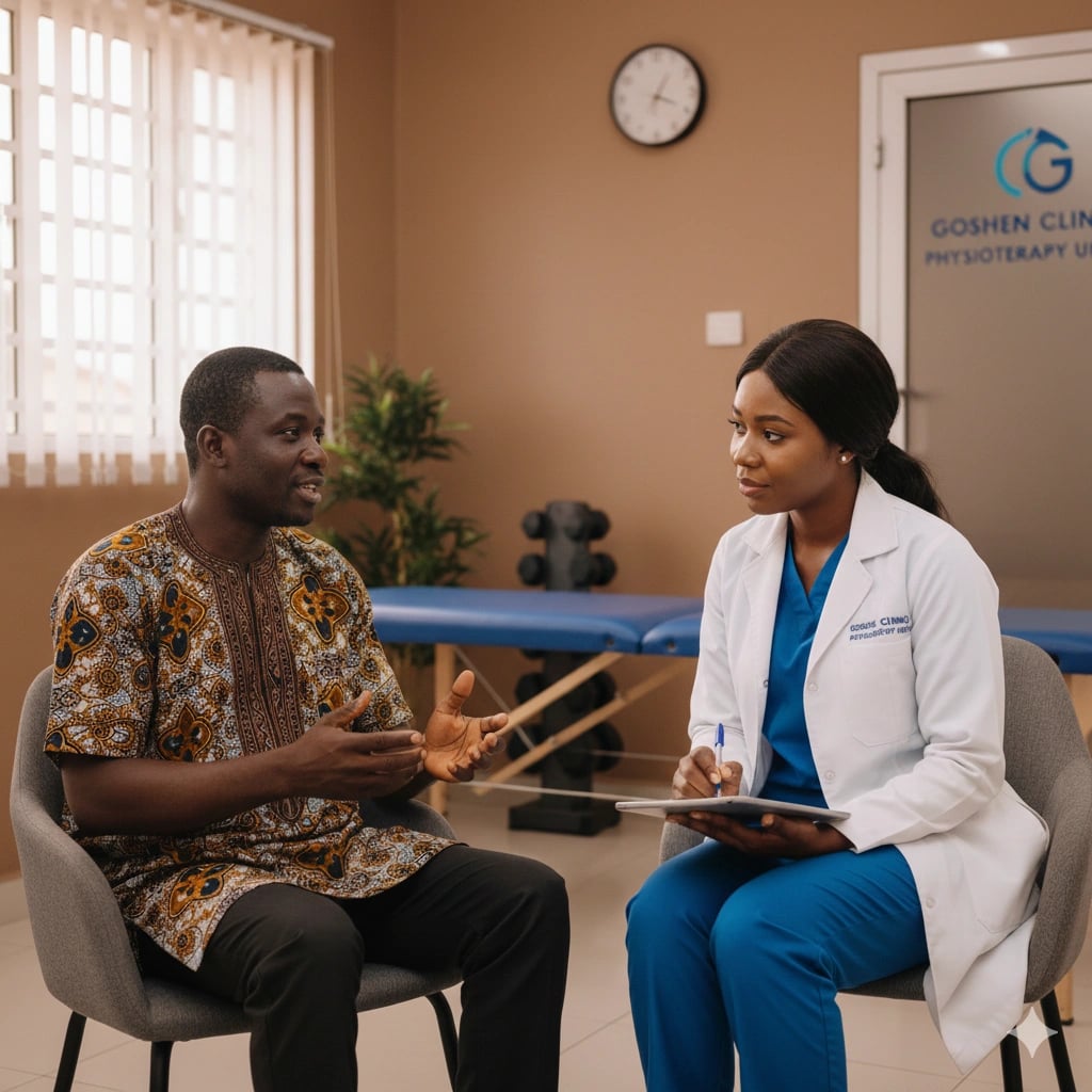 Nigerian patient and therapist in warm consultation at Goshen Physiotherapy
